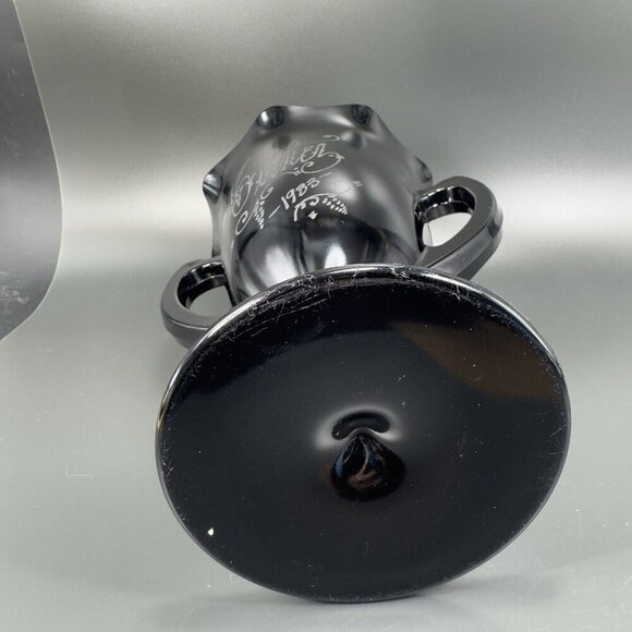 L E Smith Black Amethyst Glass Dancing Nymphs Trophy Glass Vase Etched Vintage - Picture 6 of 14